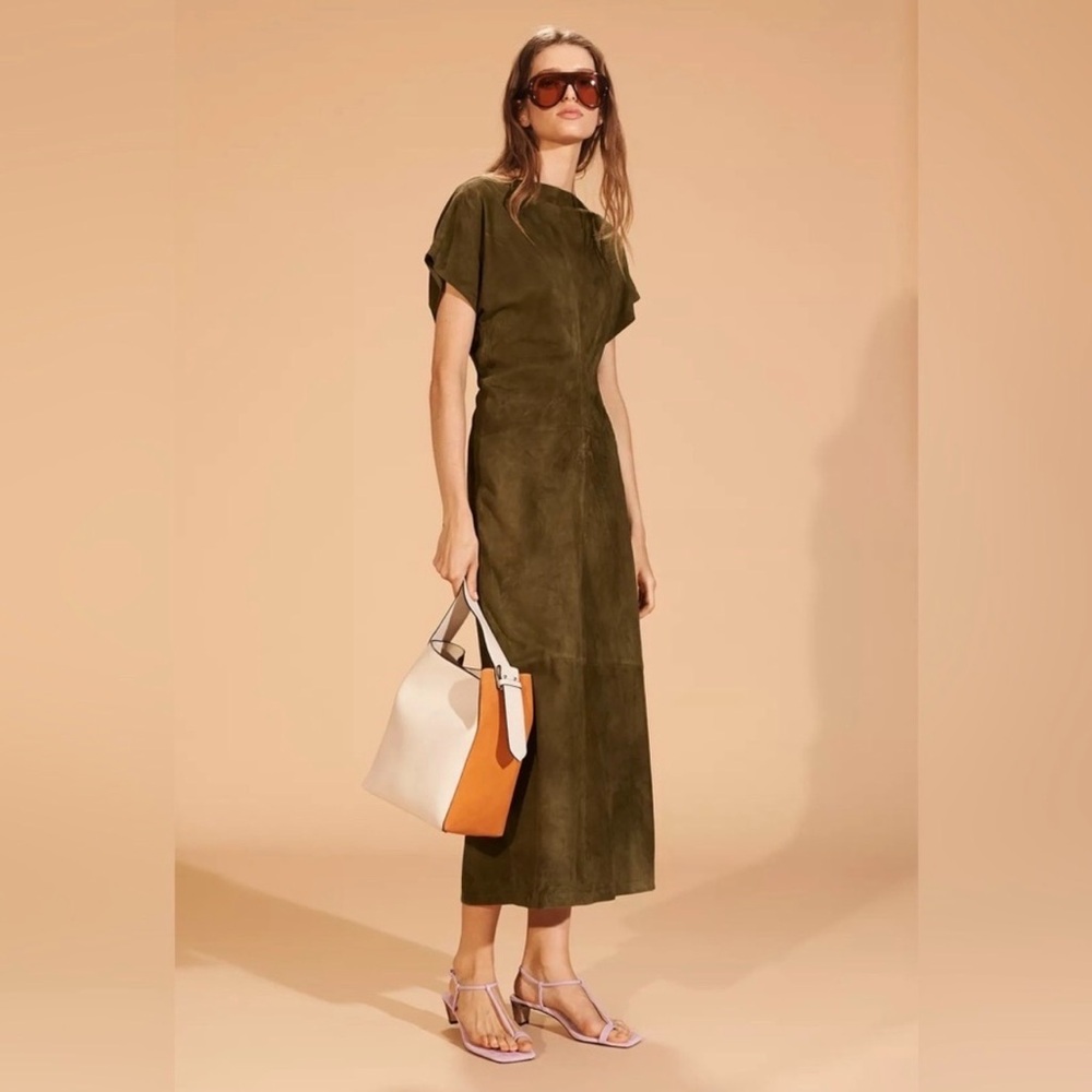 ZARA Limited Edition Suede Leather Dress – Olive Green – Size S/M